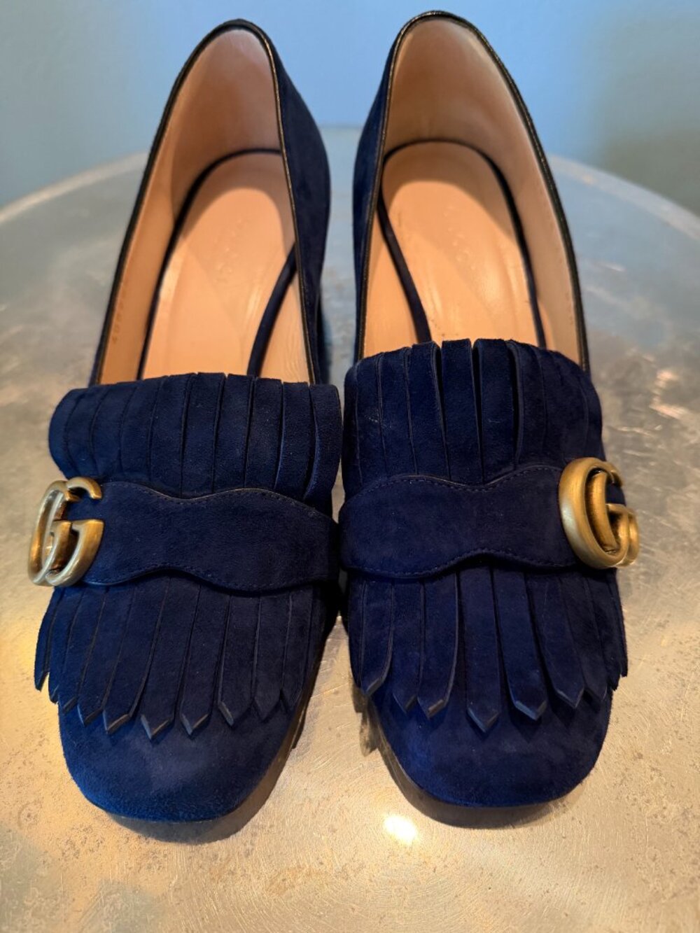Gucci Kid Scamosciato GG Marmont Fringe 50mm Loafer Pumps 37 Navy - Picture 5 of 11